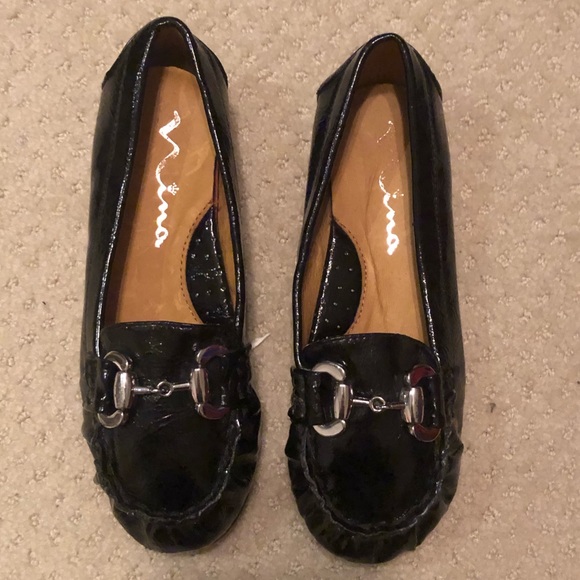 Nina Other - Girls black patent loafers with metal detail